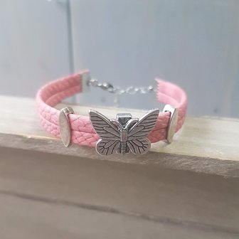 Leerkoord armband met vlinder schuifkraal zilver