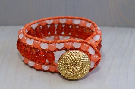 Leerkoord-kralen armband oranje-rood