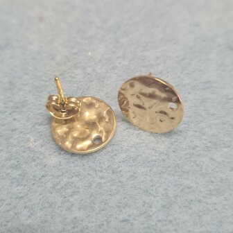 RVS oorstekers Goldplated gehamerd rond 12mm met oogje 